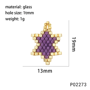 Macro shot of purple and gold hexagram glass bead pendant with 19mm size details