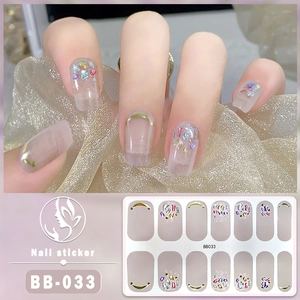 Detail of 5D gel nail sticker BB-033 with gold moon accents and colorful rhinestones