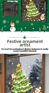 Detailed view of Christmas tree and snowman stickers on a glass store window