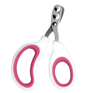 Pink and white pet nail clipper with round hole metal blade for cats and small dogs