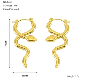 Detailed view of 18k gold plated snake earrings with dimensions 41mm by 16mm