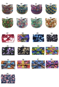 Grid display of elastic yoga headbands with diverse bohemian and tie-dye floral prints