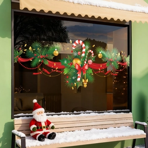 Adesivi Natalizi Per Finestre Bastoncino Zucchero PVC Statico Doppia Faccia Stampa UV Decorazione Vetro Casa Negozio
