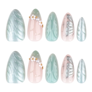 3D handmade floral press-on nails in mint green and pink with pearl finish and butterfly art
