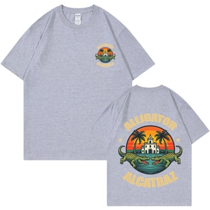 Front and back view of a grey cotton T-shirt featuring Alligator Alcatraz graphics