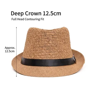 Brown woven Panama fedora hat for men with 12.5cm deep crown and black leather band