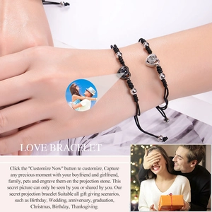 Custom heart projection photo bracelet with adjustable braided rope and metal beads