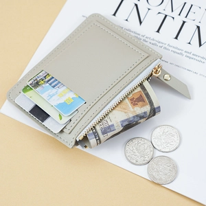 Slim khaki leather multi-functional card holder with zipper coin pocket and clear ID window
