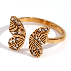 Elegant 18K gold-plated stainless steel butterfly open ring with sparkling cubic zirconia
