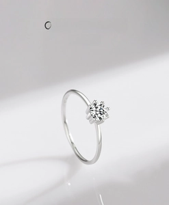 Macro view of minimalist S925 silver ring featuring six-prong solitaire diamond setting