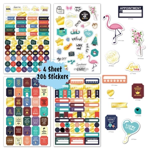 Detail view of 206 adhesive planner stickers with floral motifs and size dimensions