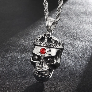 Vintage silver skull crown pendant with red gemstone and stainless steel twist chain