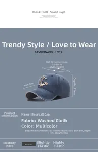 Detailed size specifications of navy washed cotton baseball cap with anchor embroidery