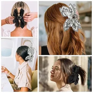 Detail showing oversized paisley and black satin bow hair clips on various hair colors