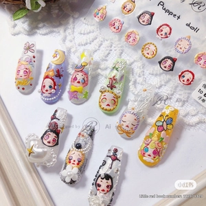Detail of 5D embossed puppet doll nail art stickers with 3D resin floral accents