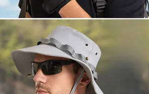 Detail of grey sun hat with breathable vents, adjustable chin strap, and stylish trim