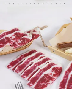 Detailed close-up of realistic faux cured meat slices with twine cord on a rustic basket