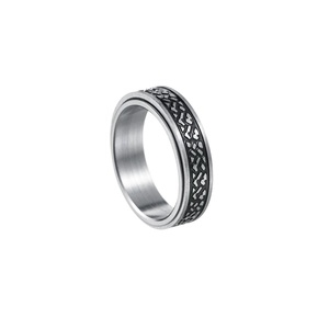 Detail showing rotating silver spinner ring with geometric tire texture in stainless steel