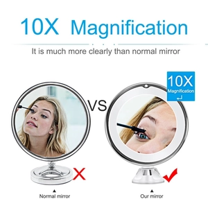 10X Magnifying LED makeup mirror with suction cup showing clear reflection versus normal mirror