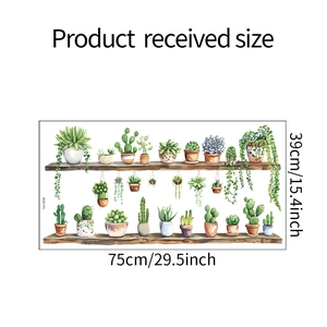 Watercolor succulent plants on wood shelf wall sticker with 75x39cm size dimensions