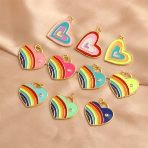 Colorful heart pendants with 18K gold plating and enamel patterns for DIY jewelry making