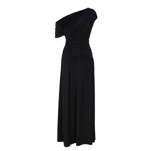 Detail of elegant black one-shoulder dress showing high-quality draping and pleated fabric