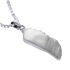 Silver feather wing pendant in brushed titanium steel with a classic box chain necklace