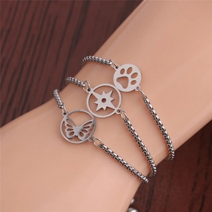 Stainless Steel Adjustable Bracelet Unisex Minimalist Box Chain Butterfly Star Cat Paw Cutout Round Pendant Jewelry