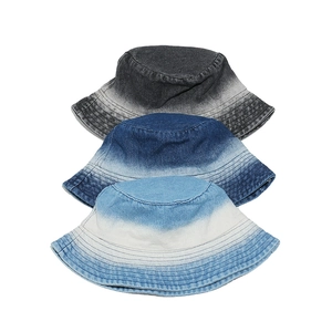 Gradient denim bucket hats with striped stitching and vintage washed finish in three colors
