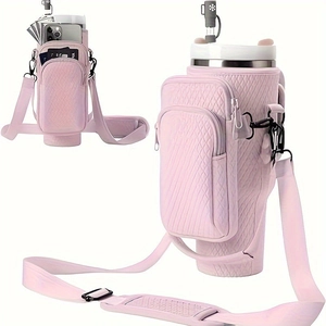 Pink 40oz water bottle sleeve detail with quilted pattern and dual zipper storage pockets