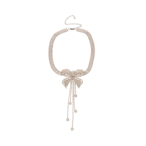 Luxury rhinestone bow tassel necklace with elegant diamond droplets in silver finish