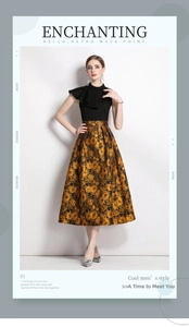 Detail of elegant retro dress with jacquard floral skirt and ruffle high neck