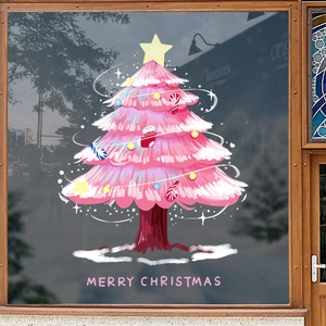 Pink cartoon Christmas tree window sticker with Merry Christmas text on glass storefront