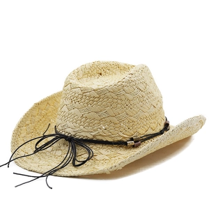 Straw cowboy hat with decorative black string and beads in natural light beige weave