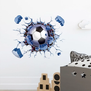 Detailed 3D broken wall football sticker for children bedroom decoration