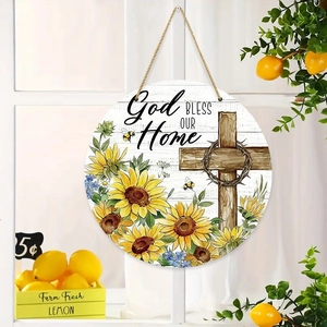 Rundes Türschild Aus Holz God Bless Our Home Sonnenblume Kreuz Religiöser Bauernhof Rustikale Wanddekoration Hängeplakette