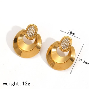 Gold wide semi-hoop earrings with zircon oval stud detail, 31.5mm high and 12g weight