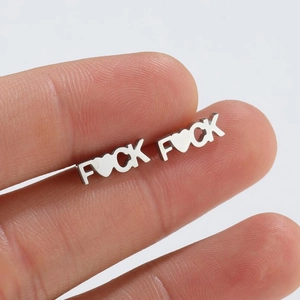 Silver geometric heart ear studs with FUCK letter design in minimalist punk style