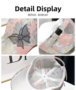 Detailed views of lace baseball cap showing rhinestone butterfly and adjustable strap