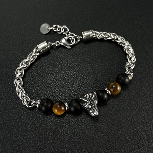 Men's stainless steel tiger eye bracelet featuring a wolf head charm and lobster clasp