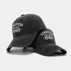 Vintage washed charcoal baseball caps with 1980 and 1990 limited edition embroidery
