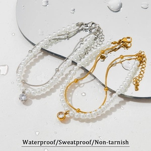 Bracelet double rang en perles et zircon étanche, finitions dorée et argentée