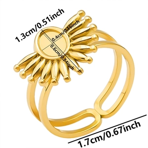 Detail of sunflower shape DIY ring base with dimensional measurements and gold finish