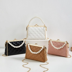 Quilted leather small square handbags with pearl handles and metal chain straps in four colors