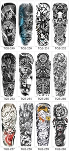 Detailed catalog showing 12 realistic full arm temporary tattoo stickers in black and white