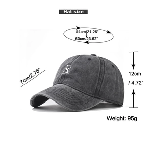 Detailed view of washed cotton baseball cap with panda embroidery and size specifications