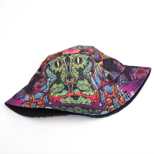 Detailed macro view of vibrant psychedelic cat-eye print on high-quality canvas bucket hat