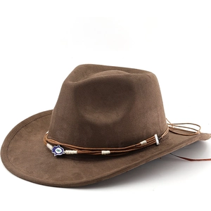 Wide Brim Fedora Hat Western Cowboy Suede Style With Hamsa Hand Evil Eye Pendant Bohemian Ethnic Vintage For Men Women