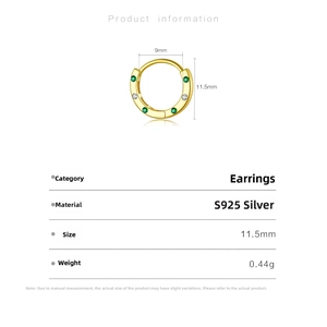 Detailed view of S925 sterling silver hoop earrings with green and white zircon stones