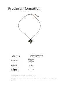 Macro detail of zircon flower necklace pendant showing dimensions and materials